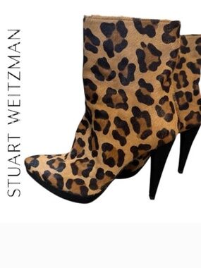 Stuart Weitzman Leopard Print Haircalf Ankle Boots - Brown & Black